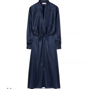 Stripe Long Sleeve Drawstring Silk Maxi Dress - Blue